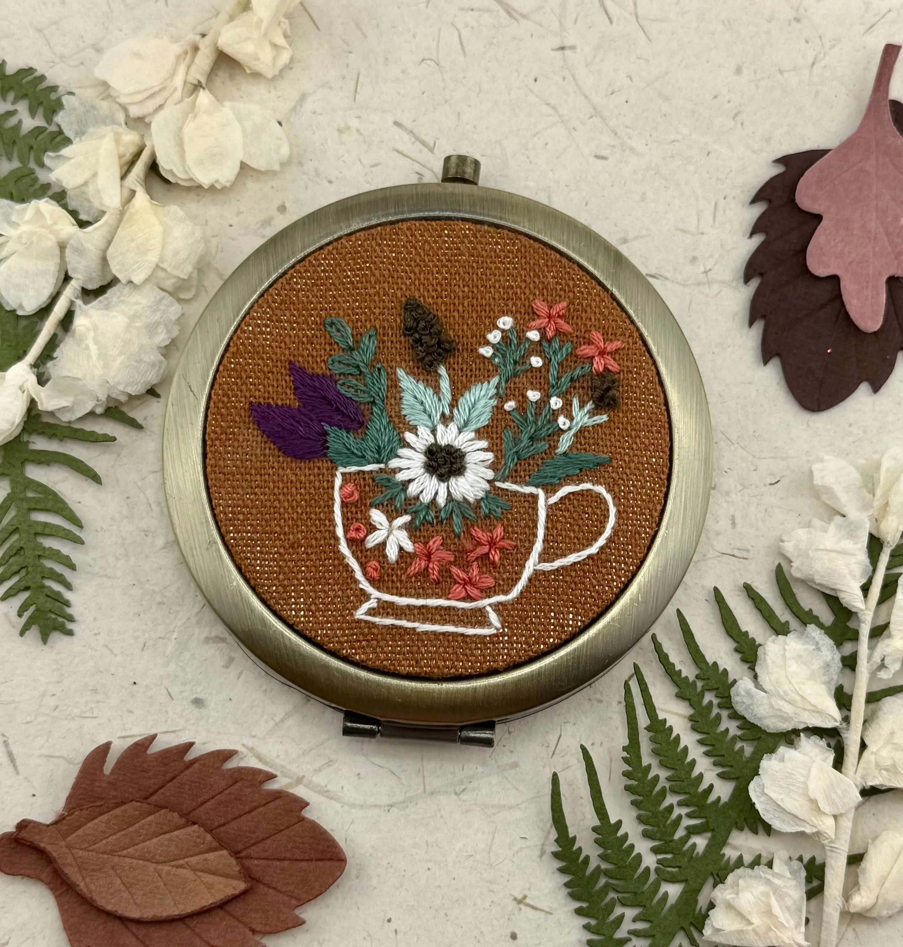 Embroidered Compact Mirror - Floral Teacup
