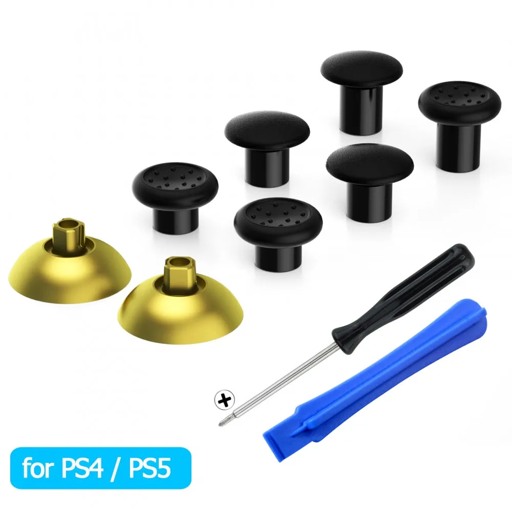 eXtremeRate ThumbsGear Interchangeable Ergonomic Thumbstick for PS4 Slim PS4 Pro PS5 Controller with 3 Height Domed and Concave Grips Adjustable Joystick - Chrome Gold & Black - P4J1104