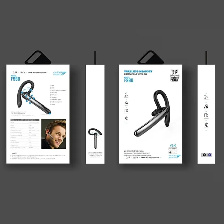 F990 Bluetooth 5.0 Wireless Earbuds with 180-Degree Rotating Hook and Noise Cancellation for Professional Use