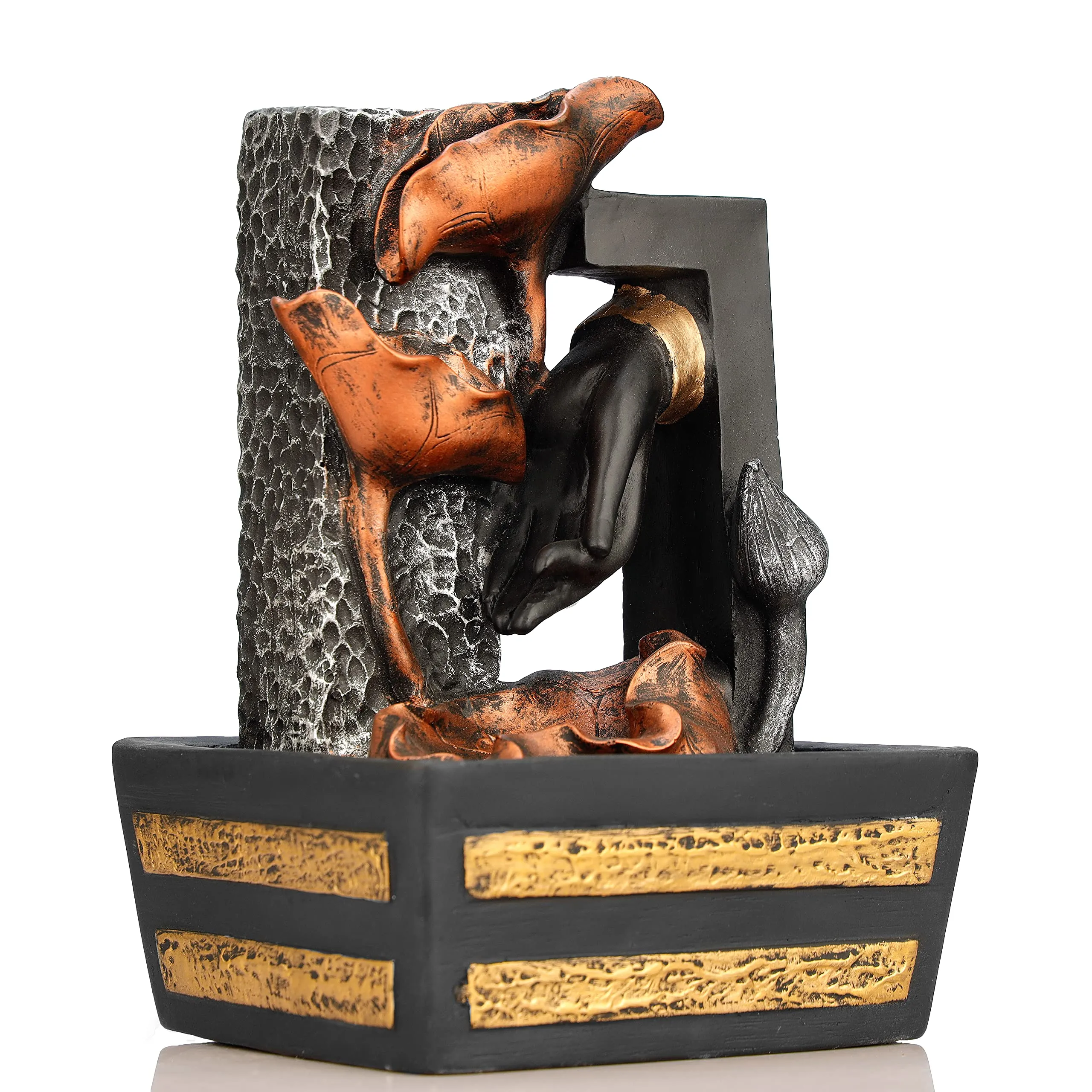 Global Grabbers Polyresin Table Top Indoor Outdoor Water Fall Fountain with LED Lights Home Decor Decoration Gift Gifting Items-GOL_BLK-S5-(000)