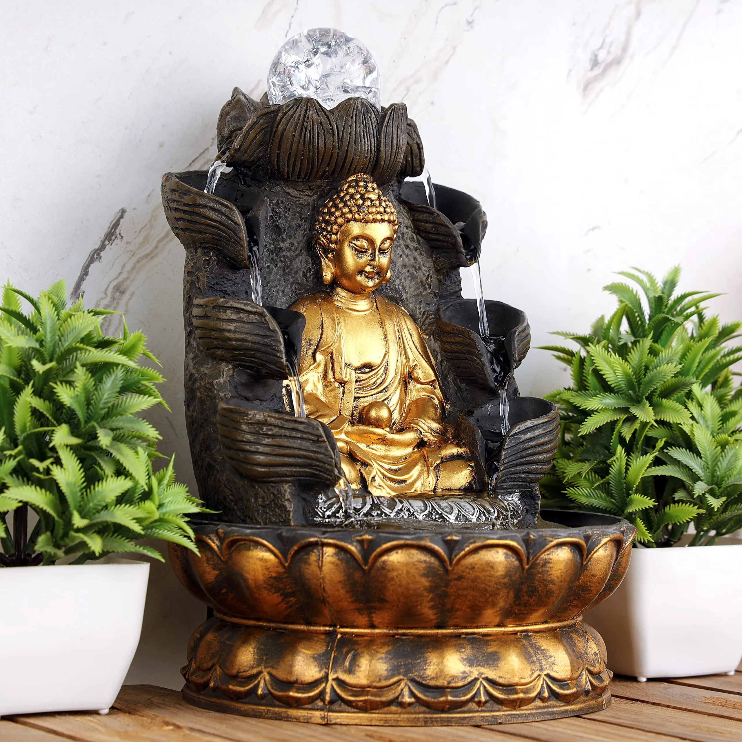 Global Grabbers Polyresin Table Top Indoor Outdoor Water Fall Fountain with LED Lights Home Decor Decoration Gift Gifting Items-GOL_BRO-BL-SF14-(000)