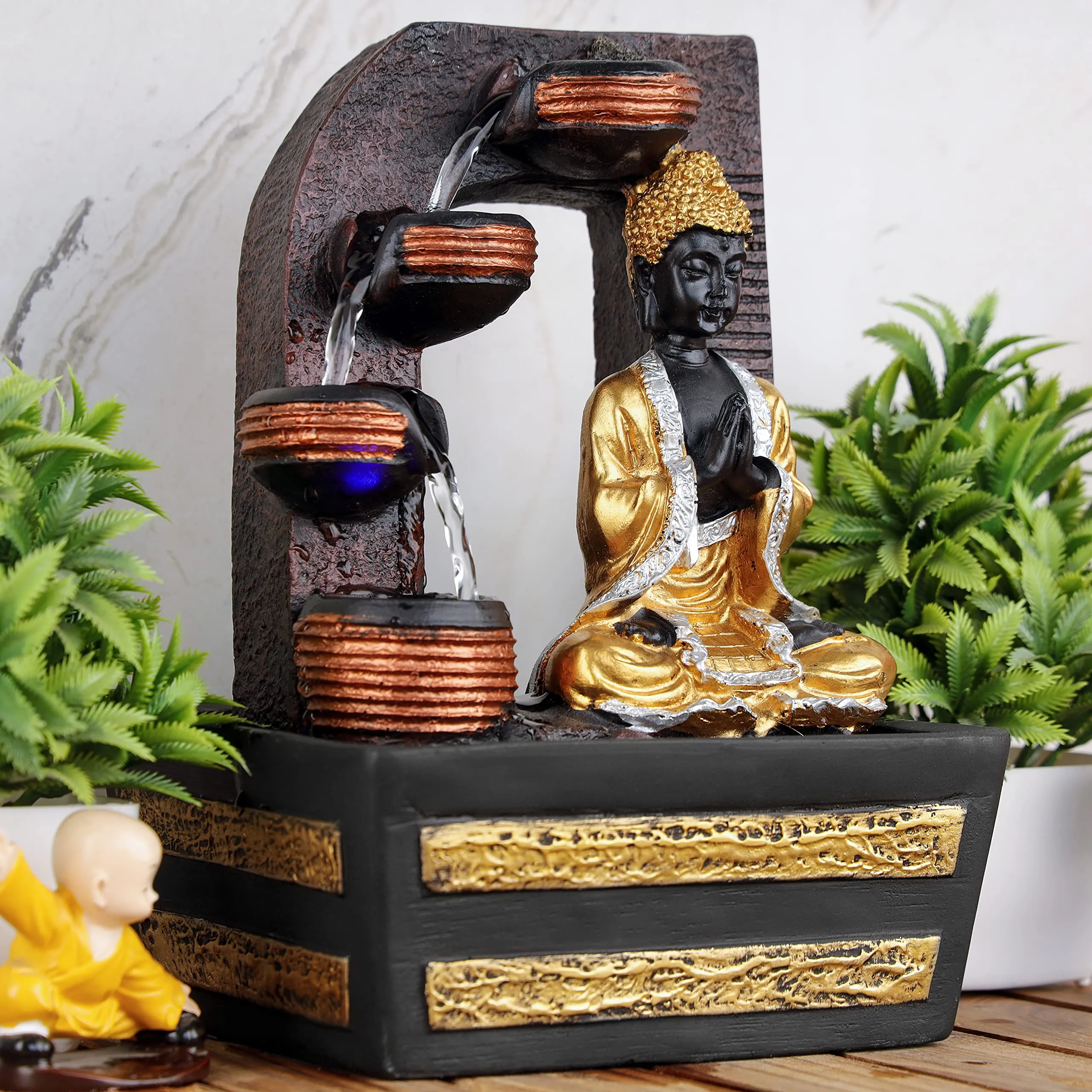 Global Grabbers Polyresin Table Top Indoor Outdoor Water Fall Fountain with LED Lights Home Decor Decoration Gift Gifting Items-GOL_BRO-S6-(000)