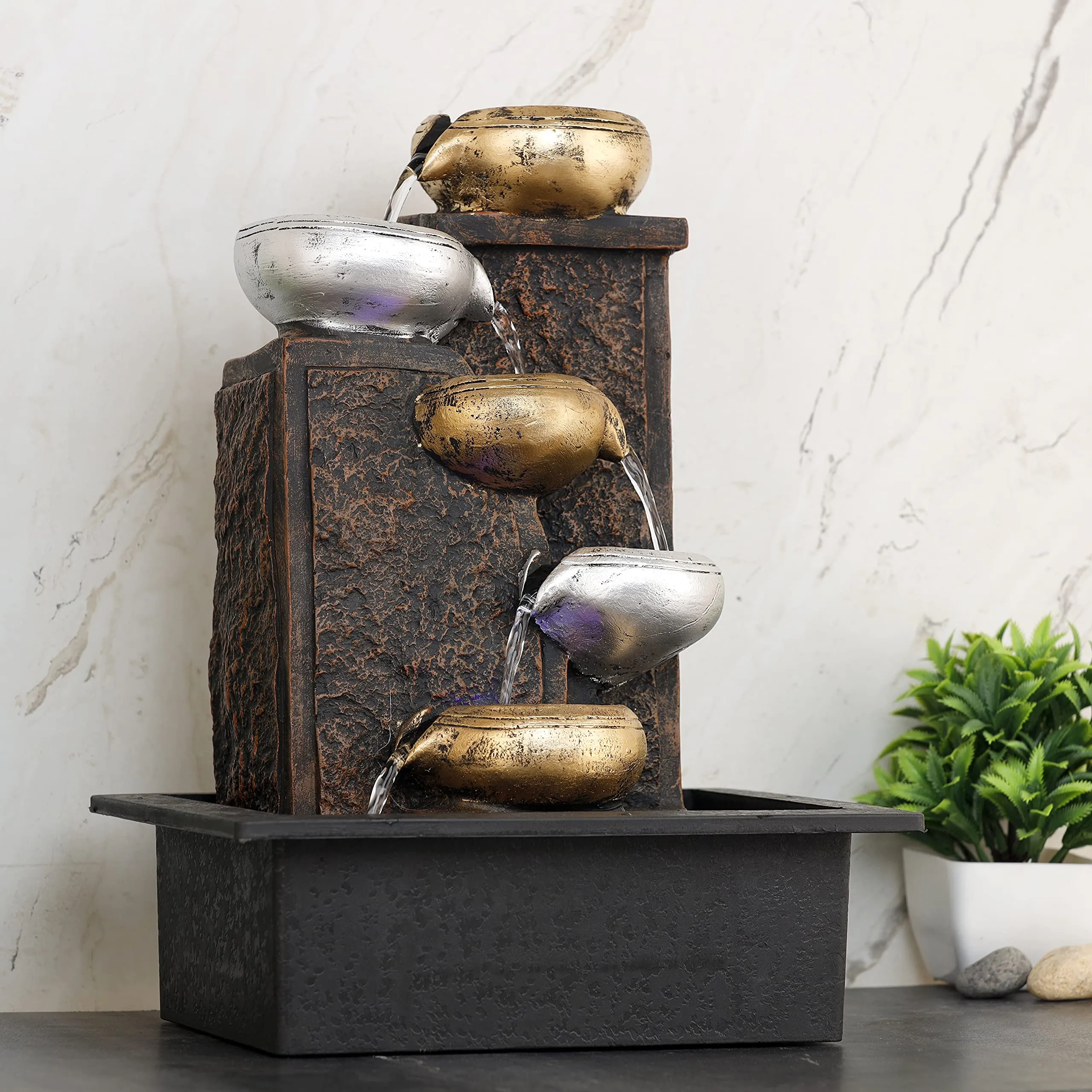 Global Grabbers Polyresin Table Top Indoor Outdoor Water Fall Fountain with LED Lights Home Decor Decoration Gift Gifting Items-GOL_BRO-SF18-(000)