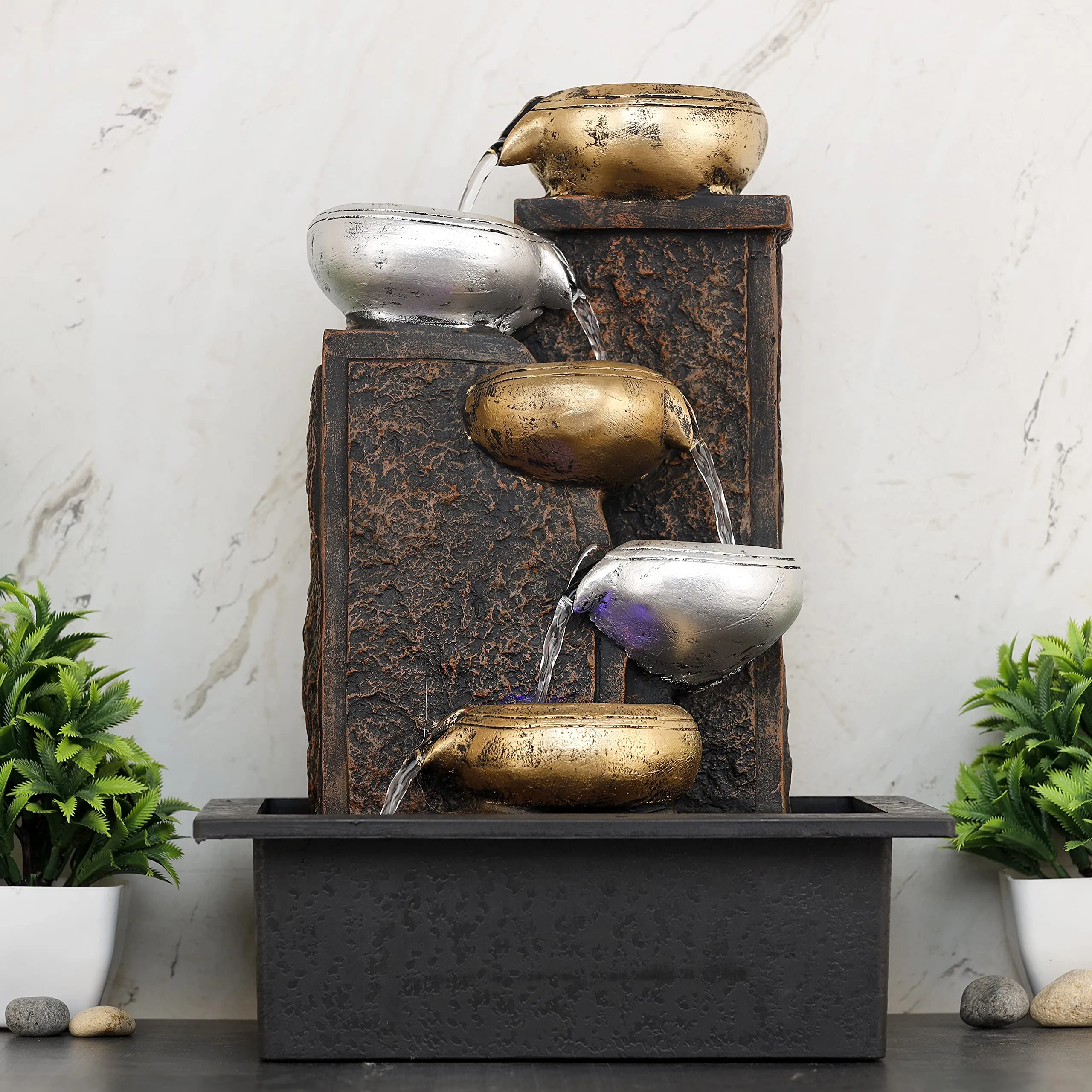 Global Grabbers Polyresin Table Top Indoor Outdoor Water Fall Fountain with LED Lights Home Decor Decoration Gift Gifting Items-GOL_BRO-SF18-(000)