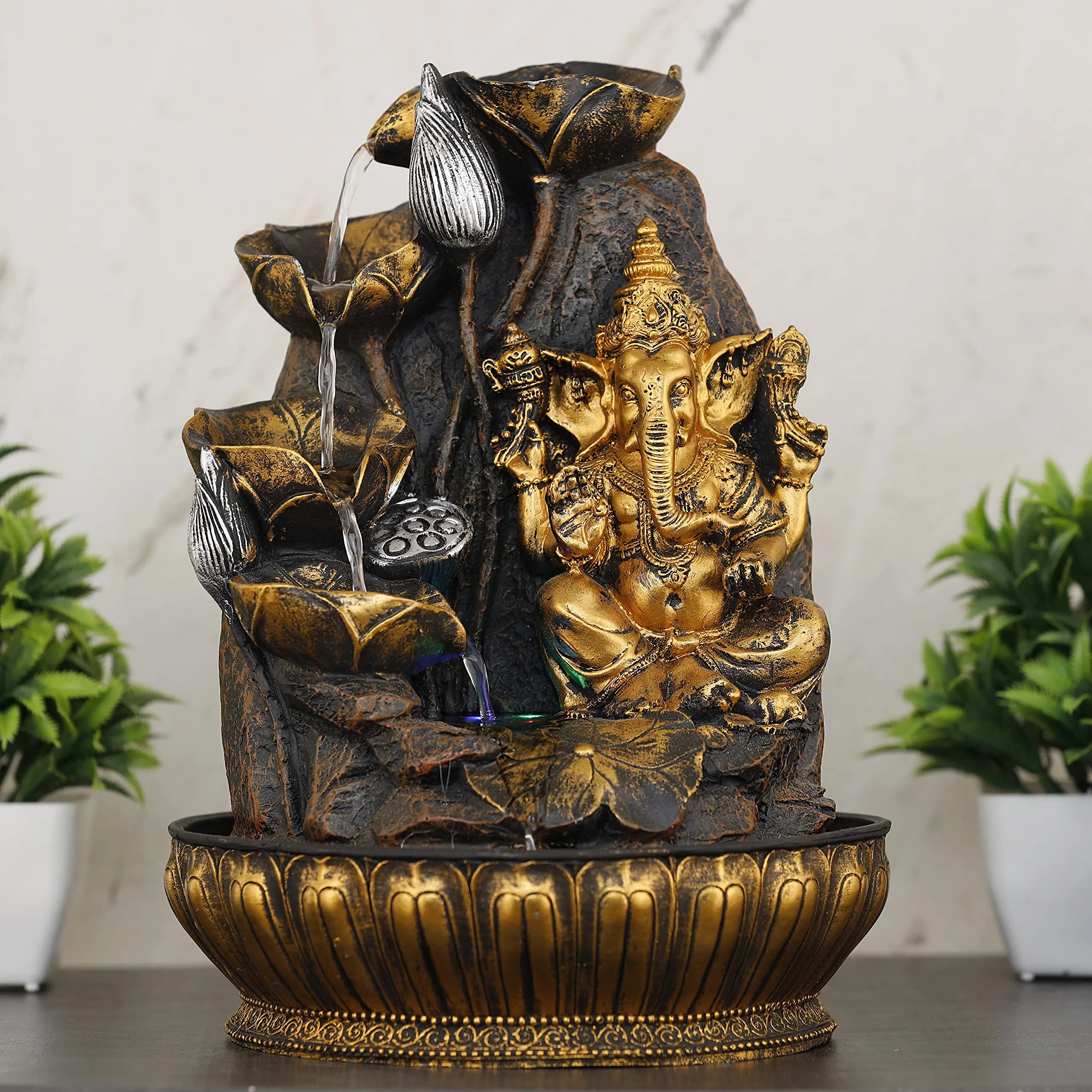 Global Grabbers Polyresin Table Top Indoor Outdoor Water Fall Fountain with LED Lights Home Decor Decoration Gift Gifting Items-GOL_BRO-SF9-(000)