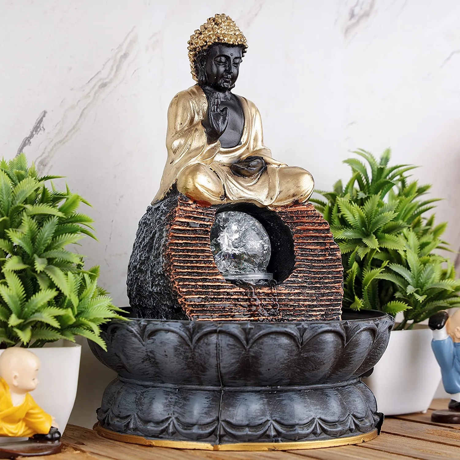 Global Grabbers Polyresin Table Top Indoor Outdoor Water Fall Fountain with LED Lights Home Decor Decoration Gift Gifting Items-GOL_GRY-BL-SF28-(000)