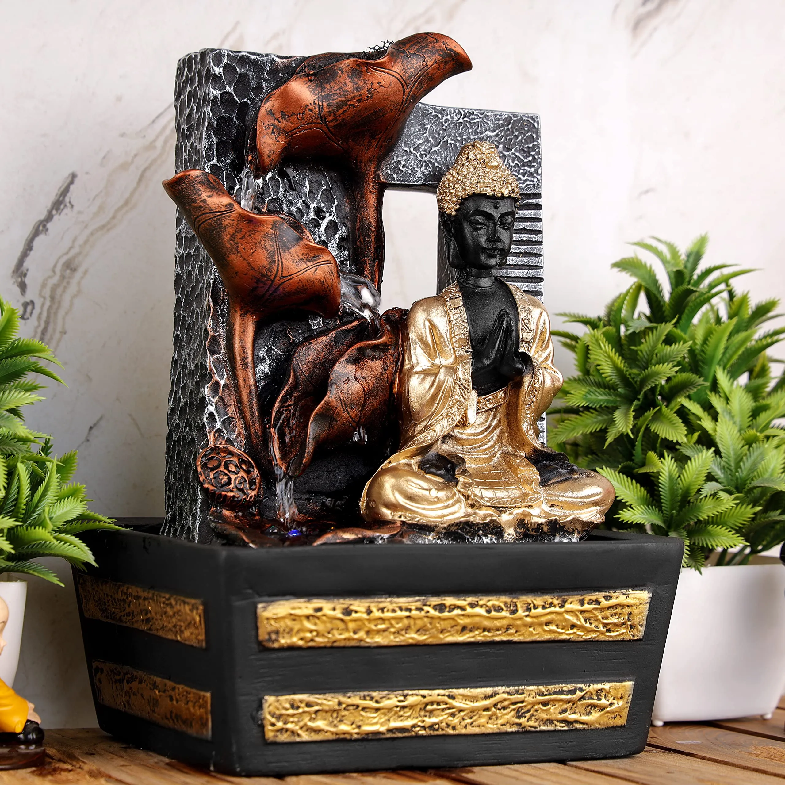 Global Grabbers Polyresin Table Top Indoor Outdoor Water Fall Fountain with LED Lights Home Decor Decoration Gift Gifting Items-GOL_GRY-S8-(000)