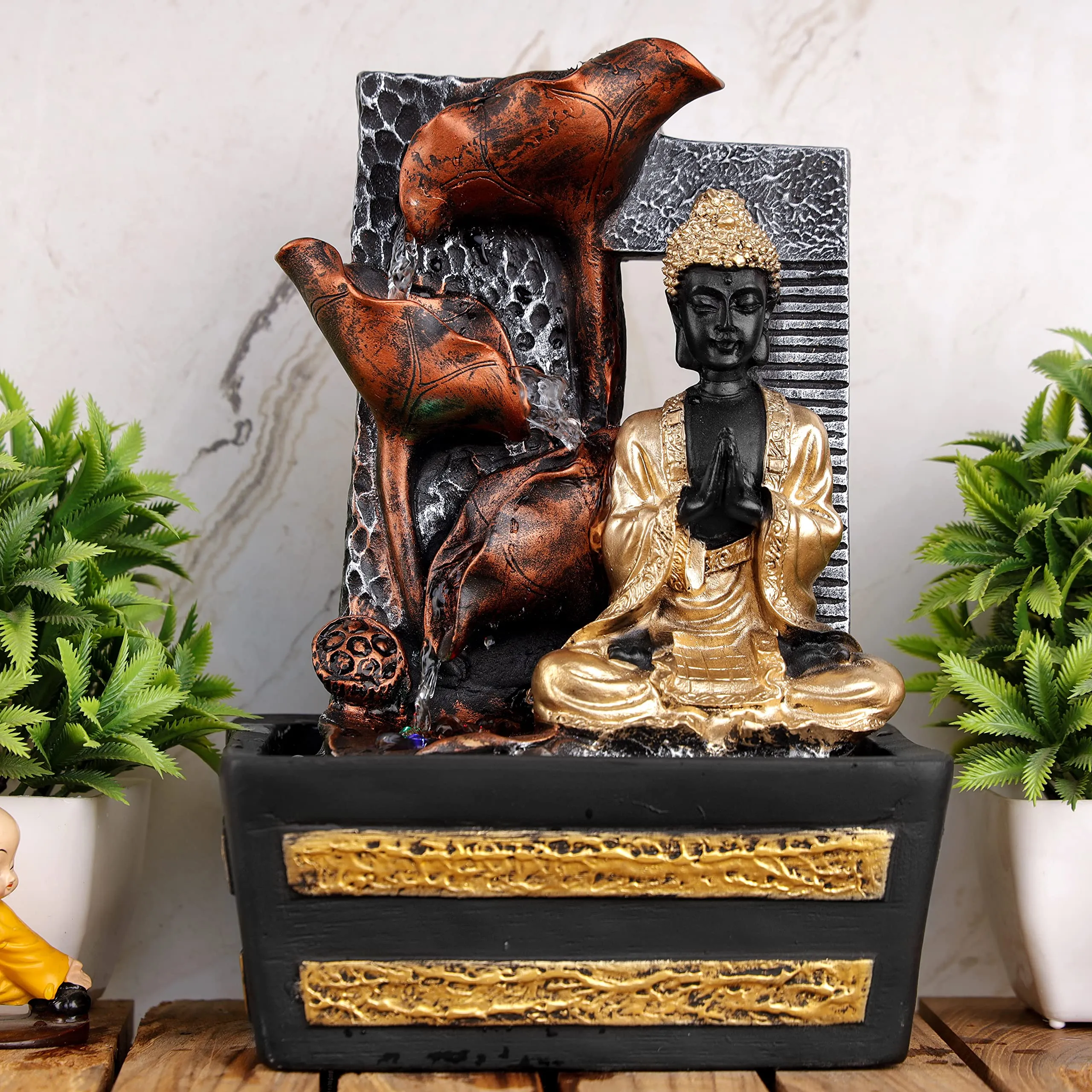 Global Grabbers Polyresin Table Top Indoor Outdoor Water Fall Fountain with LED Lights Home Decor Decoration Gift Gifting Items-GOL_GRY-S8-(000)