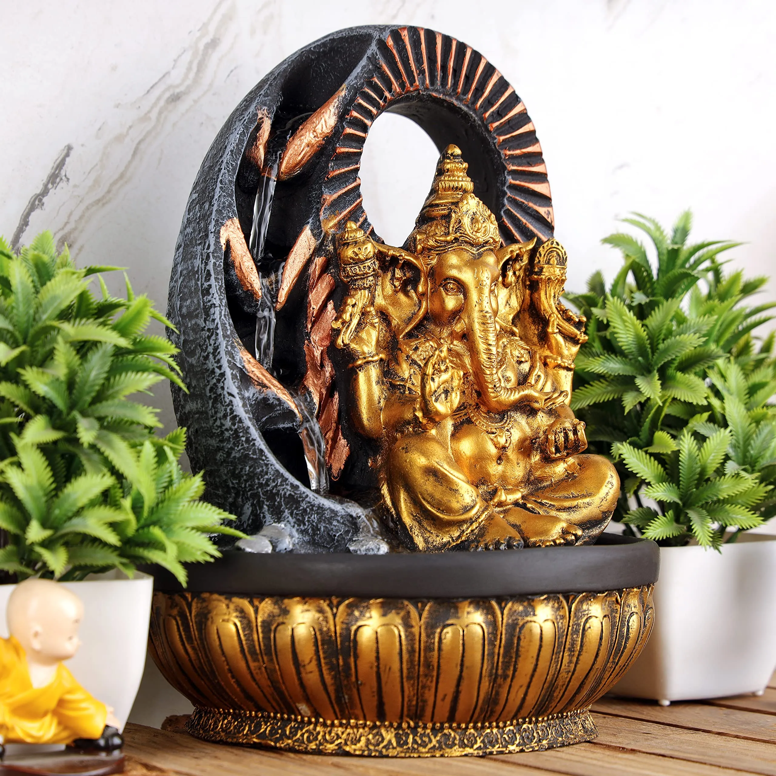 Global Grabbers Polyresin Table Top Indoor Outdoor Water Fall Fountain with LED Lights Home Decor Decoration Gift Gifting Items-GOL_GRY-SF101-(000)