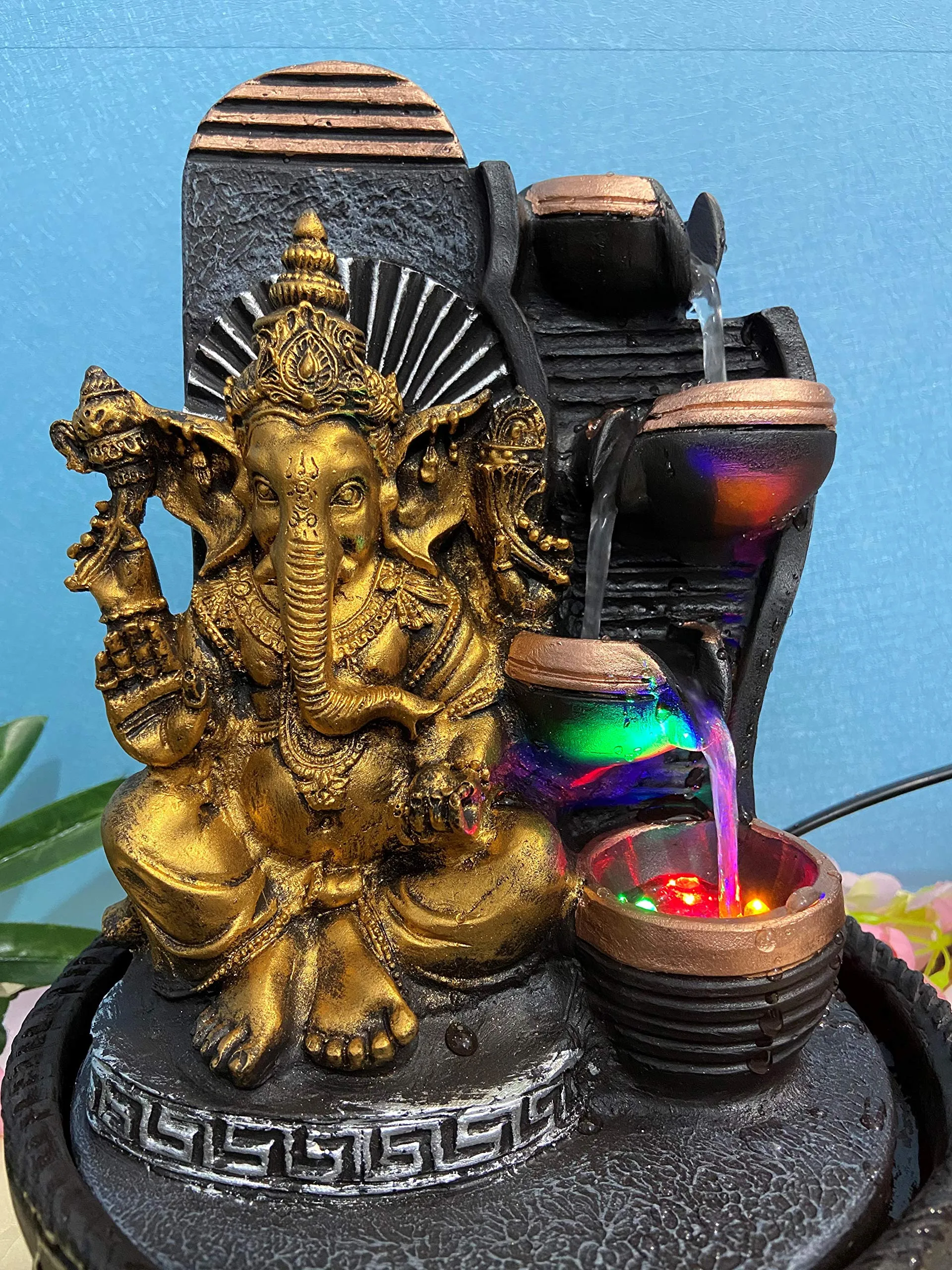 Global Grabbers Polyresin Table Top Indoor Outdoor Water Fall Fountain with LED Lights Home Decor Decoration Gift Gifting Items-GOL_GRY-SG11-(000)