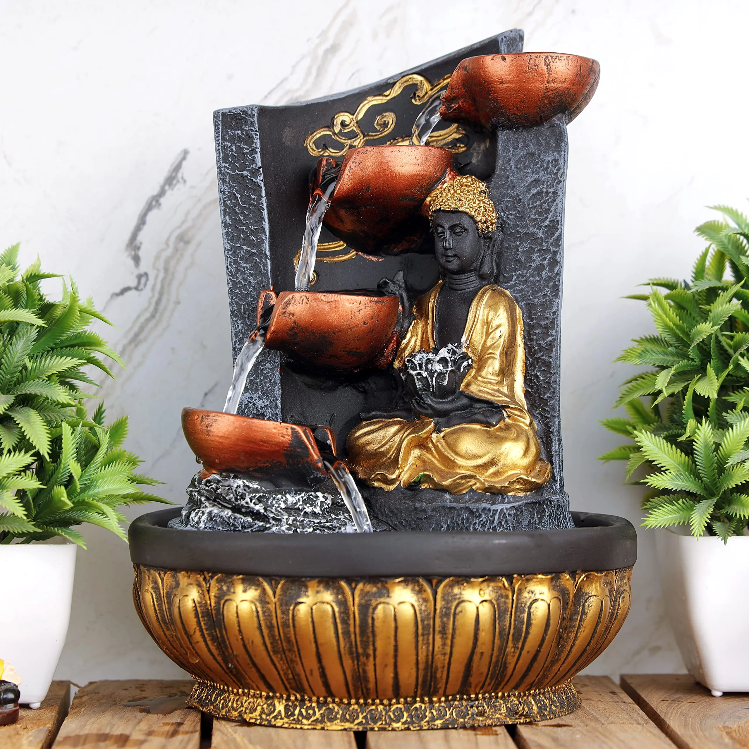 Global Grabbers Polyresin Table Top Indoor Outdoor Water Fall Fountain with LED Lights Home Decor Decoration Gift Gifting Items-GOL_GRY-SG15-(000)