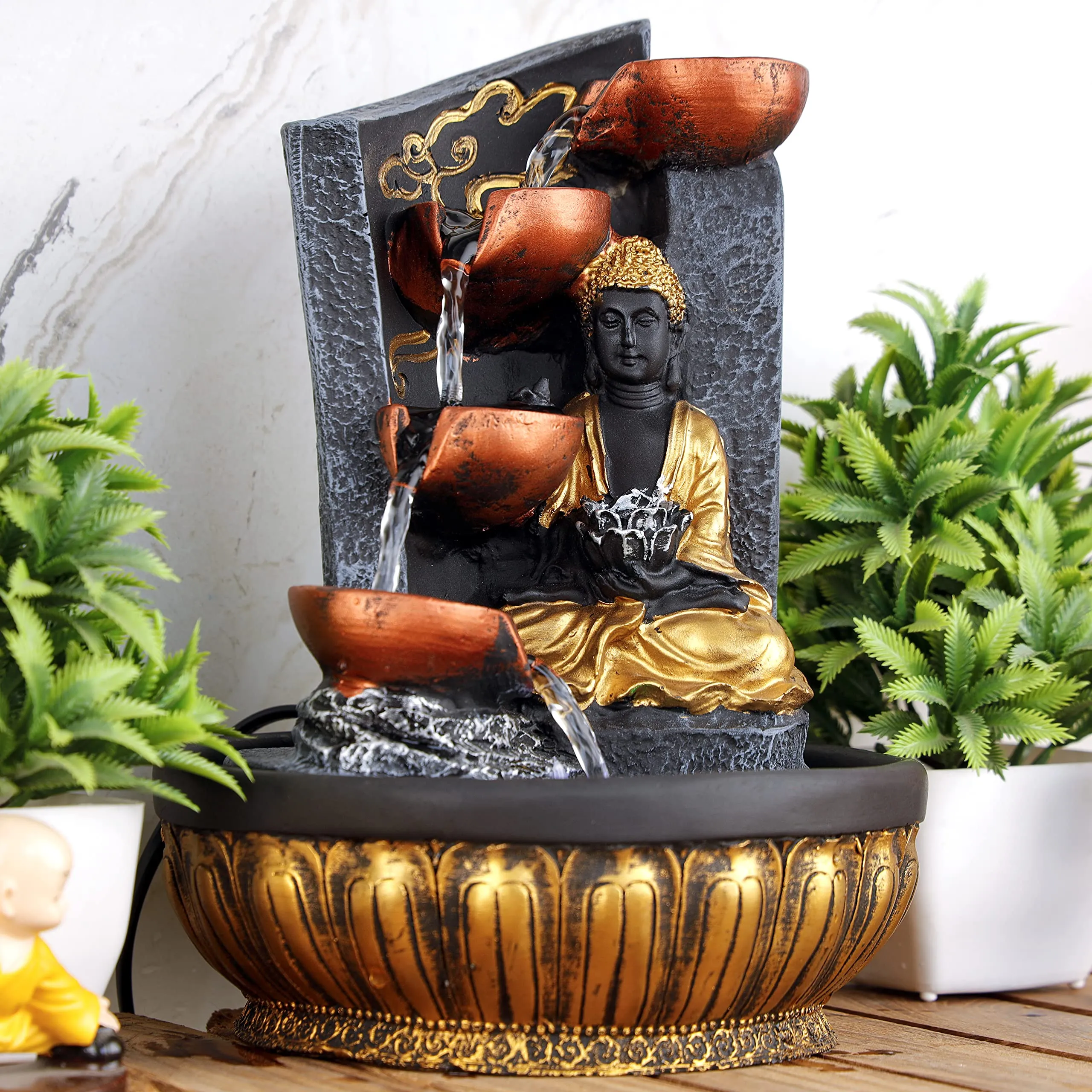 Global Grabbers Polyresin Table Top Indoor Outdoor Water Fall Fountain with LED Lights Home Decor Decoration Gift Gifting Items-GOL_GRY-SG15-(000)