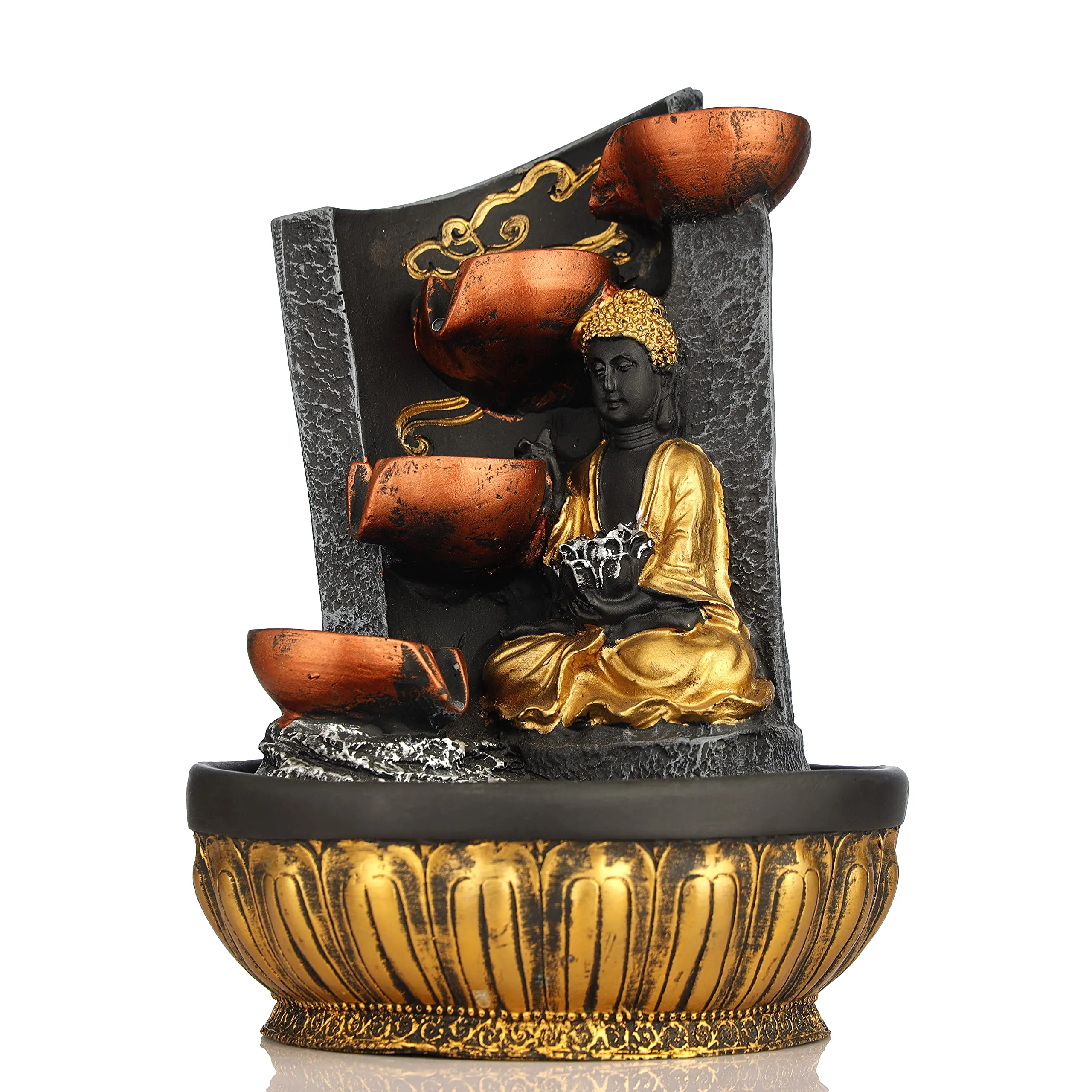 Global Grabbers Polyresin Table Top Indoor Outdoor Water Fall Fountain with LED Lights Home Decor Decoration Gift Gifting Items-GOL_GRY-SG15-(000)