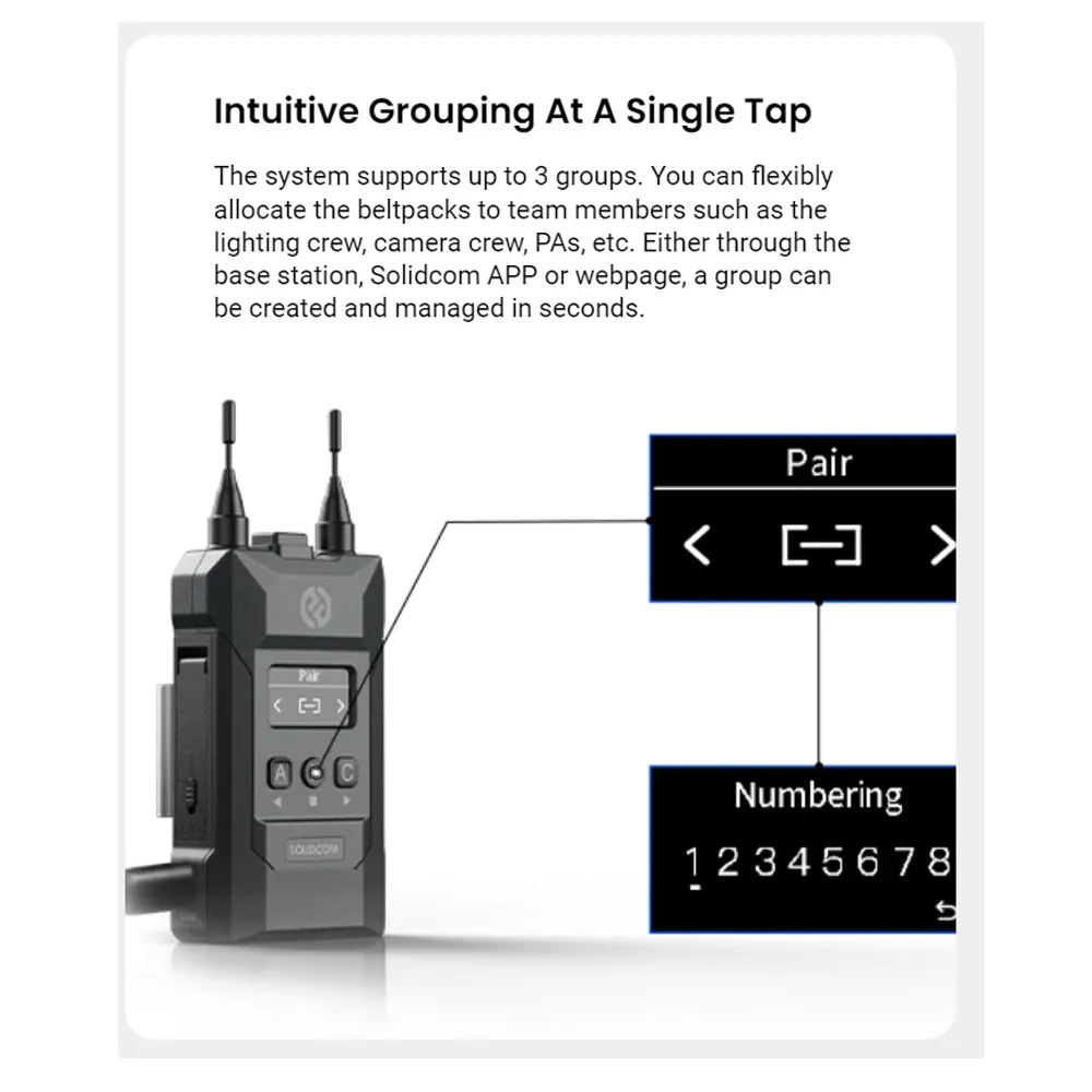 Hollyland Solidcom M1 1.9GHz Full Duplex Wireless Intercom Solution with 8 Belt packs and LEMO Headsets up to 400m Range, Multi-Device Cascade, Removable Li-ion Batteries and Sidetone Function for Professional Filmmaking