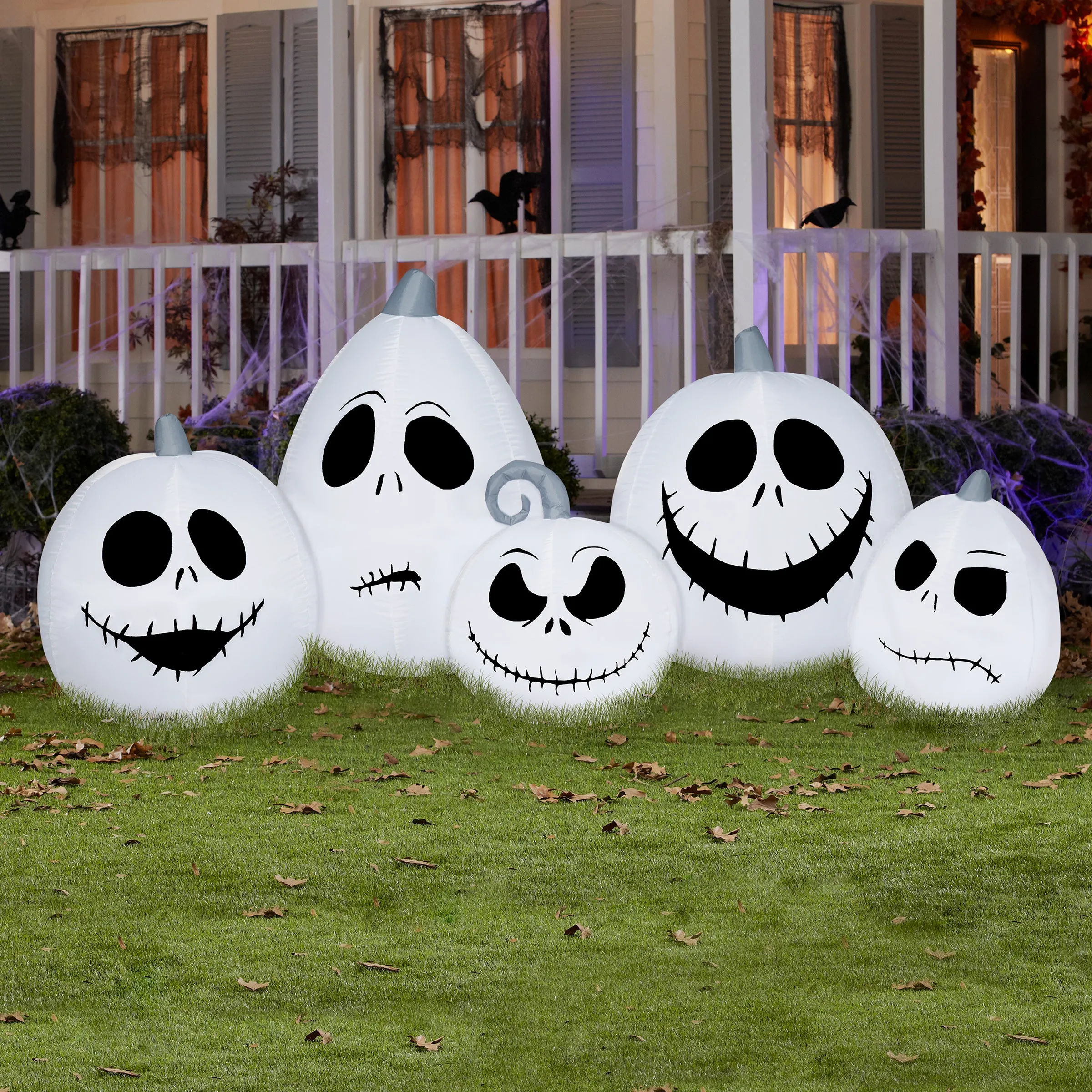 Inflatable Decoration, White, Jack Skellington Skulls, Self Inflating, Plug In, Halloween Collection, 90 Inches