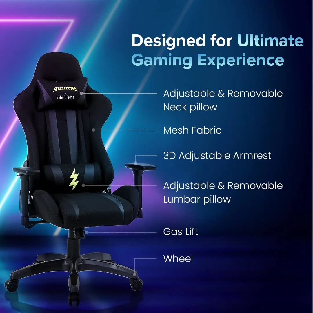 INTERCEPTOR Ergonomic Gaming Chair & Gaming Glass Combo | Premium Fabric, Adjustable Neck & Lumbar Pillow, 3D Adjustable Armrests