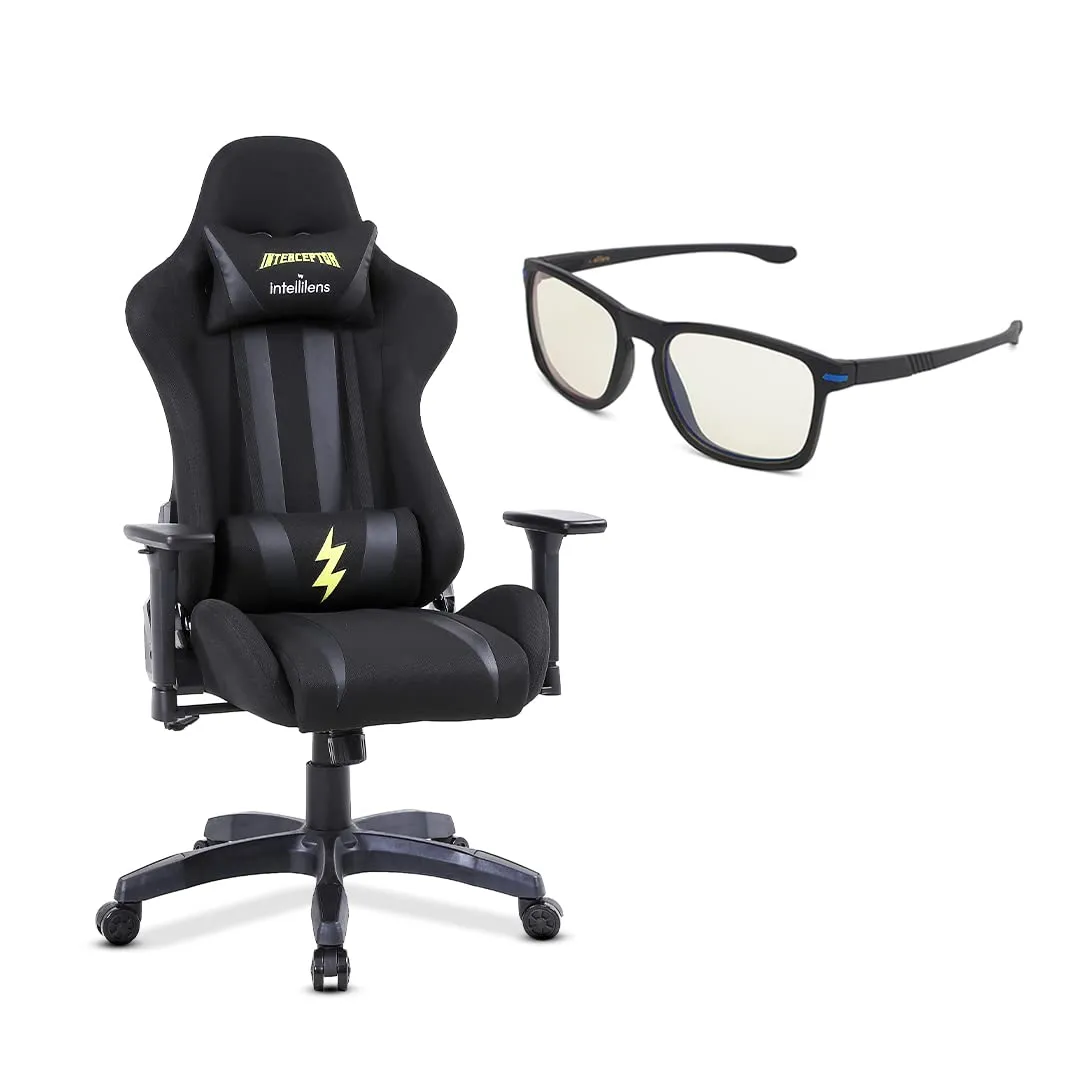 INTERCEPTOR Ergonomic Gaming Chair & Gaming Glass Combo | Premium Fabric, Adjustable Neck & Lumbar Pillow, 3D Adjustable Armrests