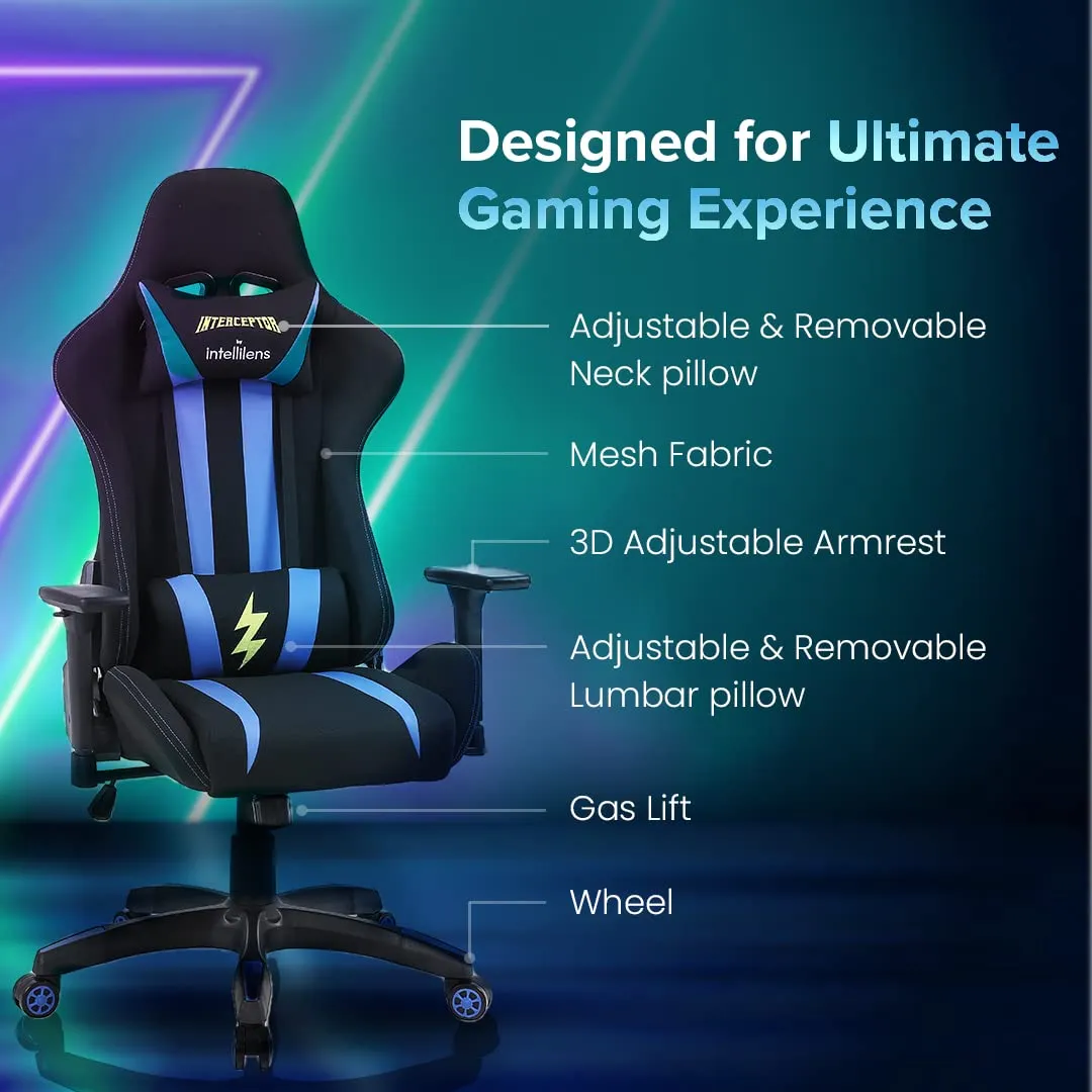 INTERCEPTOR Ergonomic Gaming Chair, Gaming Mat & Gaming GlassesCombo | Premium Fabric, Adjustable Neck & Lumbar Pillow, 3D Adjustable Armrests