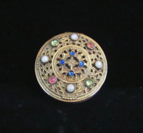 Jewel Filigree Compact E & J Bass NY Antique Jeweled Powder Mirror Compact