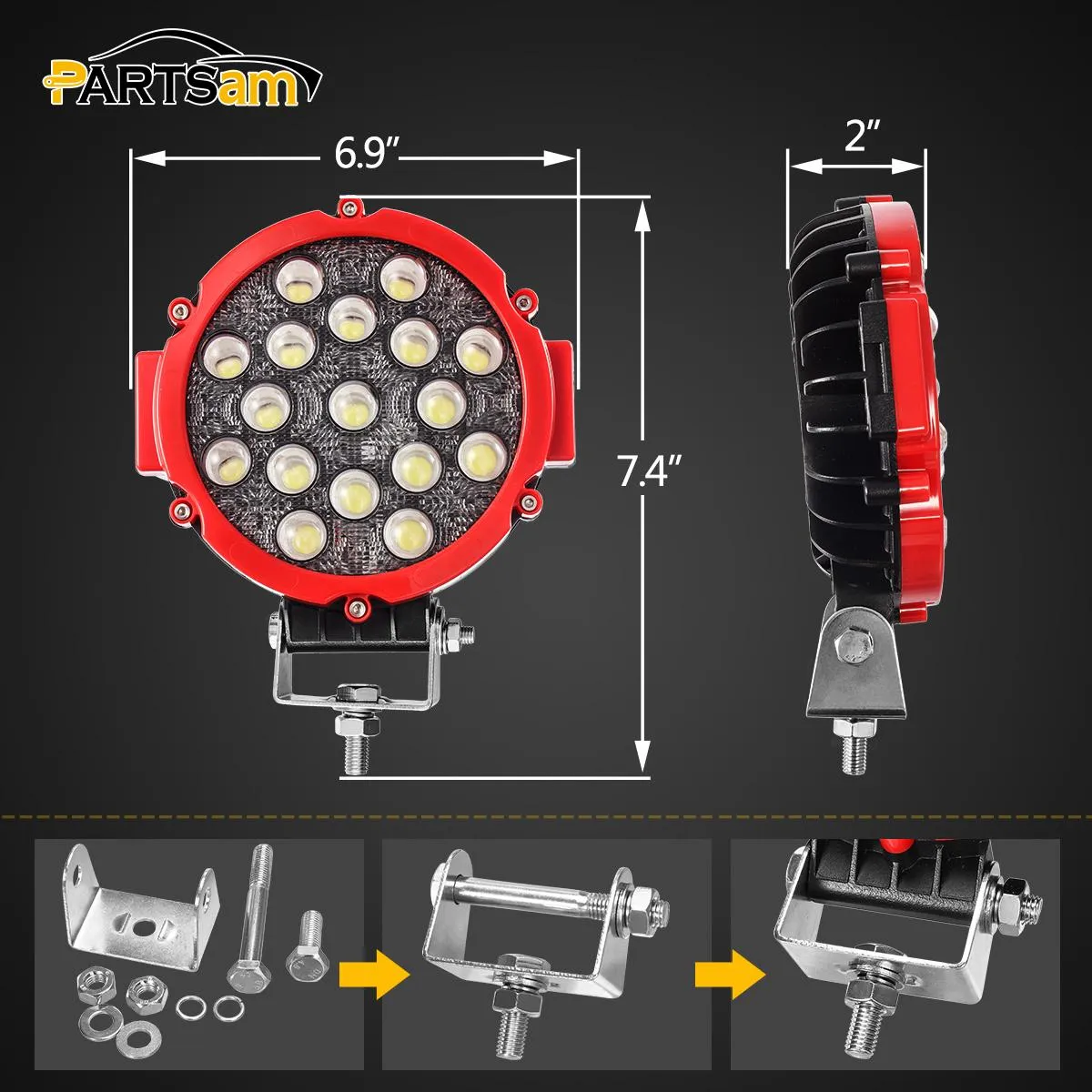 Partsam 2 Pack 7" Round LED Offroad Pod Lights Bar 51W 5100LM with Mounting Bracket Red Spot Bumper Driving Lamp Headlight Fog Light for Offroader Truck ATV SUV Jeep Car Construction Camping Hunters