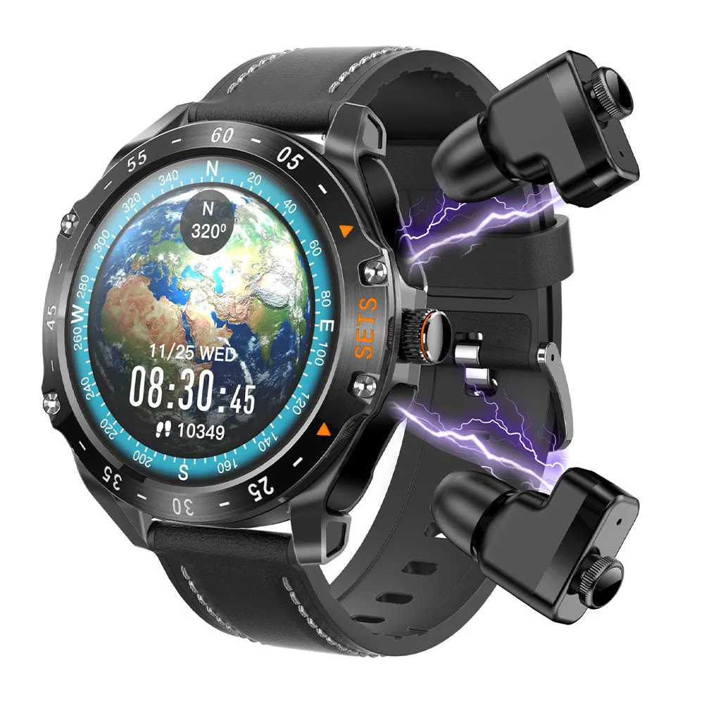 Porodo Smart Watch With Buds PD-HYPE-BK Black Case With Black Silicone Strap & Extra Black Leather Strap