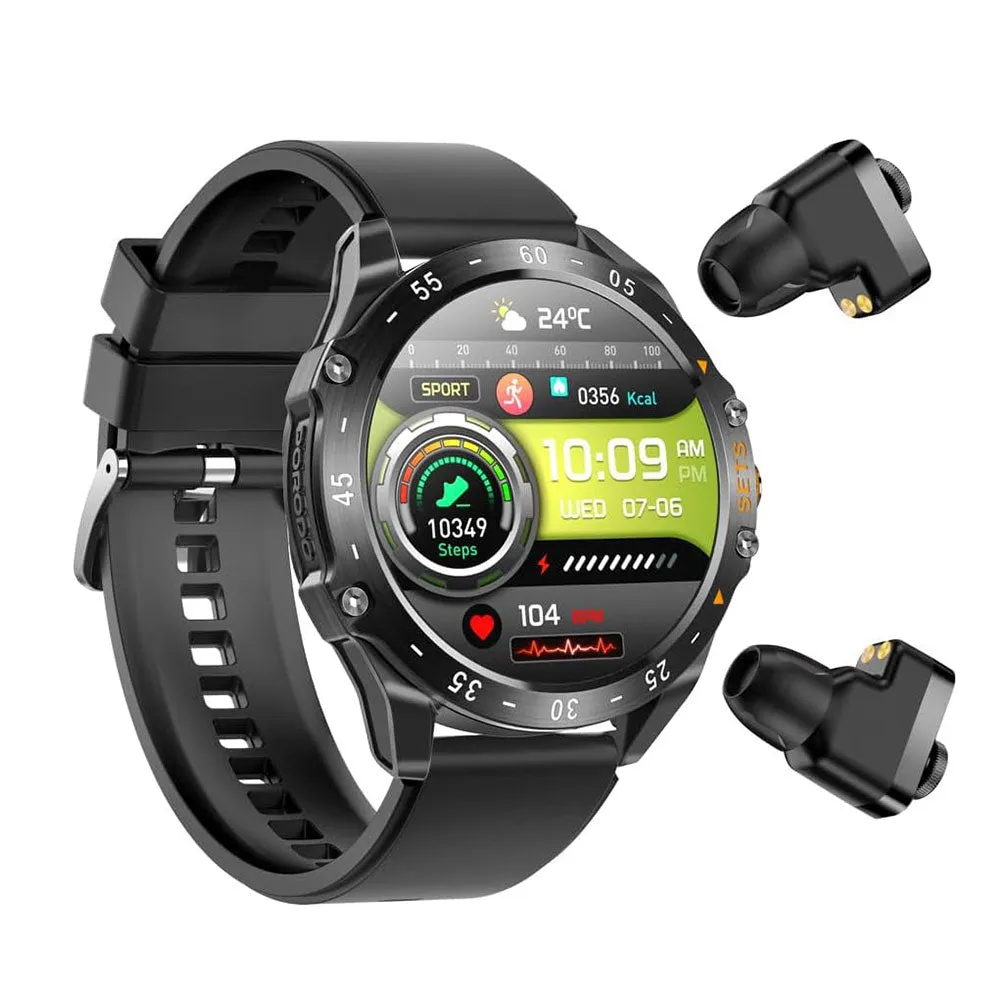 Porodo Smart Watch With Buds PD-HYPE-BK Black Case With Black Silicone Strap & Extra Black Leather Strap
