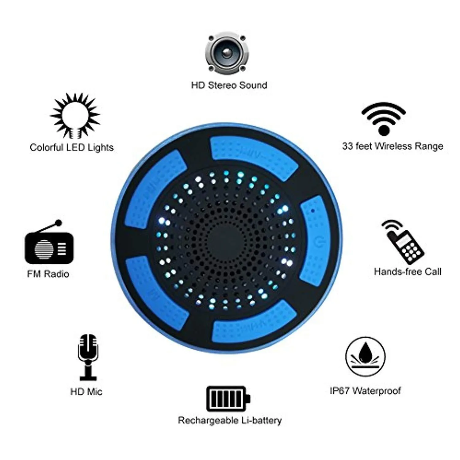 Portable Shower Radio, IP67 Waterproof Wireless Bluetooth Shower Speaker 4.0 for Pool with HD Sound & Bass, Built-in Mic, FM Radio and Colored LED Lights