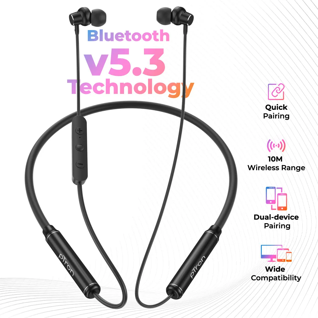 pTron Tangent Urban ENC Wireless Bluetooth 5.3 Headphones with 60Hrs Playtime, Low Latency Gaming, Punchy Bass, HD Mic, Dual Device Pairing, Type-C Charging, IPX4 & Voice Assistance Support (Black)