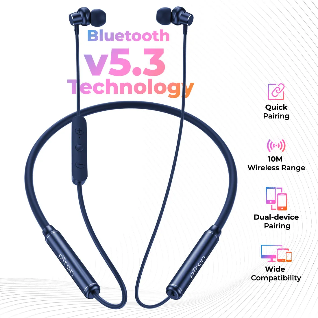 pTron Tangent Urban ENC Wireless Bluetooth 5.3 Headphones with 60Hrs Playtime, Low Latency Gaming, Punchy Bass, HD Mic, Dual Device Pairing, Type-C Charging, IPX4 & Voice Assistance Support (Blue)