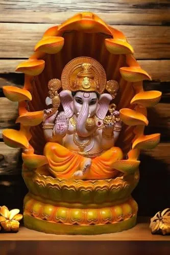 SEPBORN Ganesha Water Fountain Statue, Yellow Decoration Gift Gifting with LED Lights Water Pump